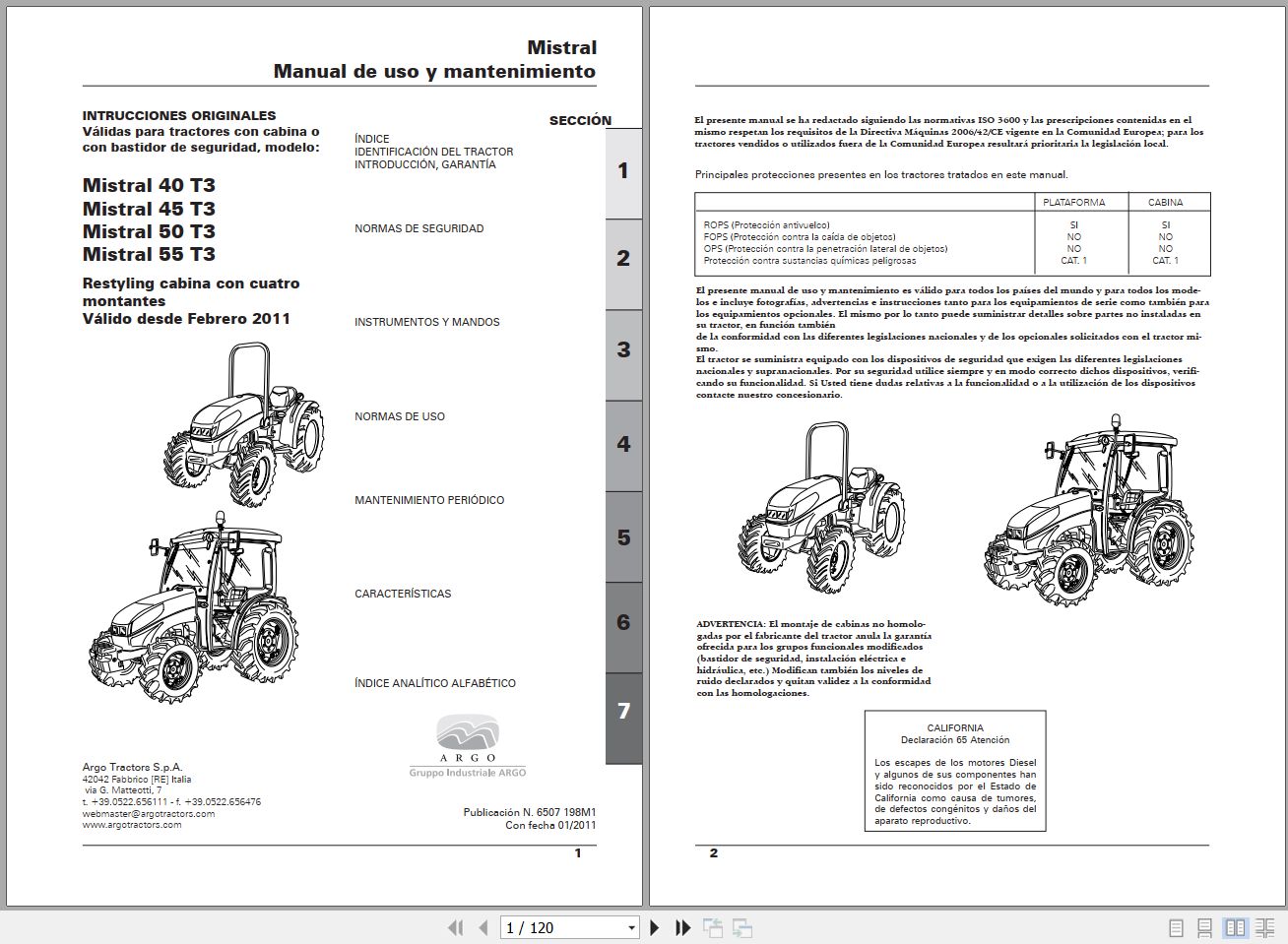 Landini Tractor Mistral 40 T3 to 55 T3 Operators Maintenance Manual 6507198M1 ES 1