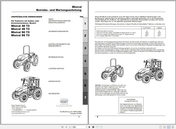 Landini Tractor Mistral 40 to 55 T3 Operators Maintenance Manual 6502074M1 DE 1