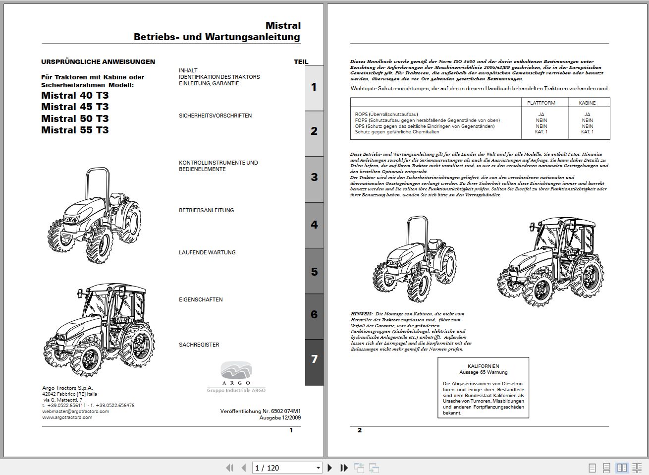 Landini Tractor Mistral 40 to 55 T3 Operators Maintenance Manual 6502074M1 DE 1