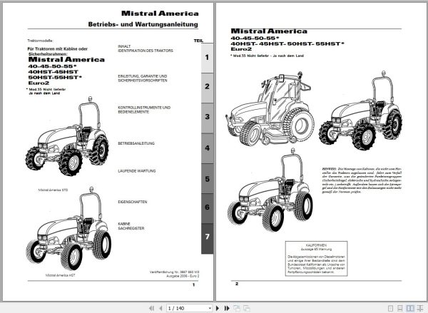 Landini Tractor Mistral America 40 to 55HST Operators Maintenance Manual 3667660M3 DE 1
