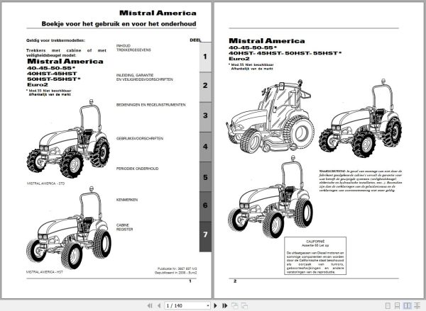 Landini Tractor Mistral America 40 to 55HST Operators Maintenance Manual 3667697M3 NL 1