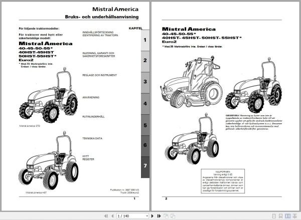 Landini Tractor Mistral America 40 to 55HST Operators Maintenance Manual 3667698M3 SV 1