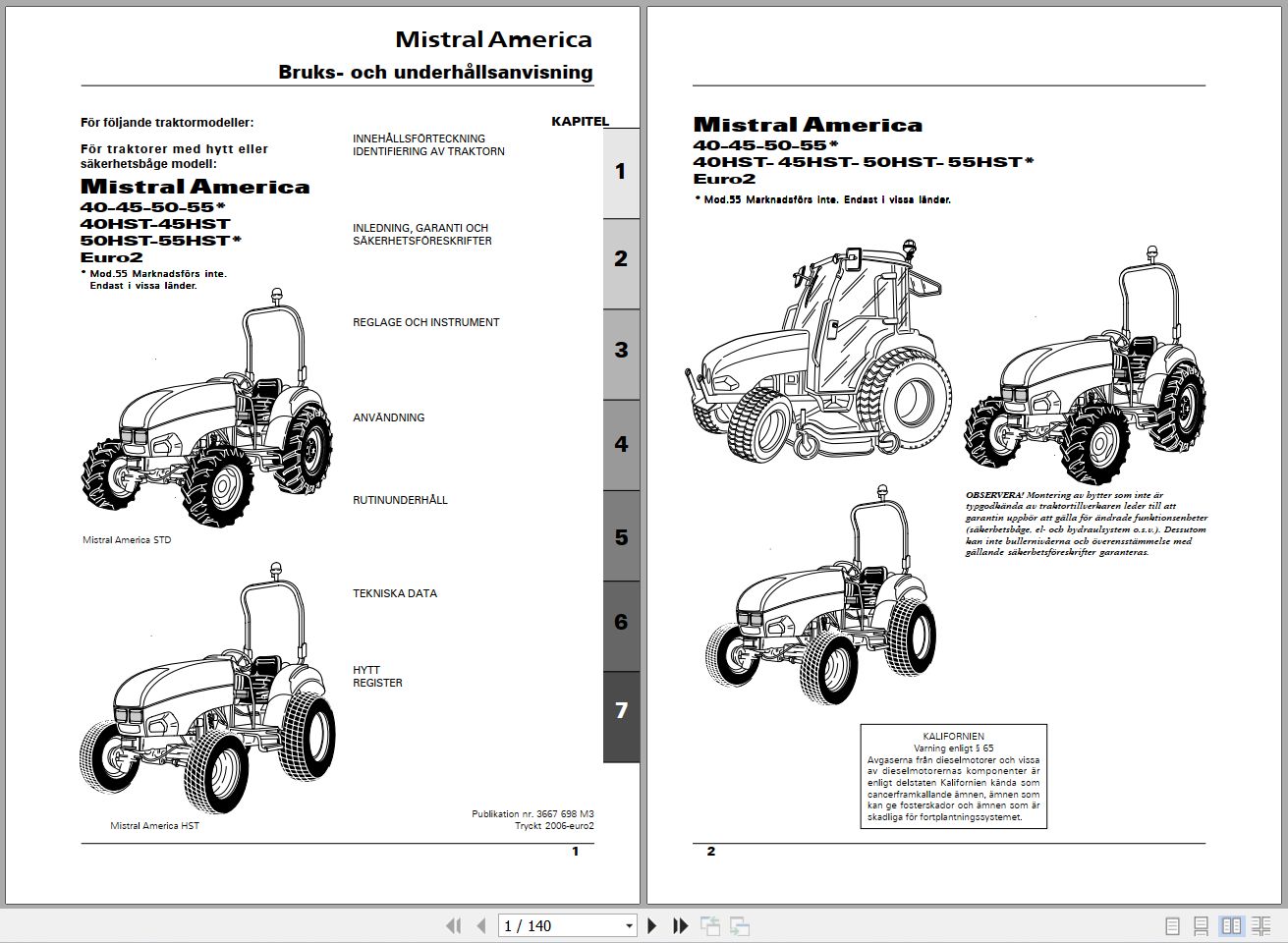 Landini Tractor Mistral America 40 to 55HST Operators Maintenance Manual 3667698M3 SV 1