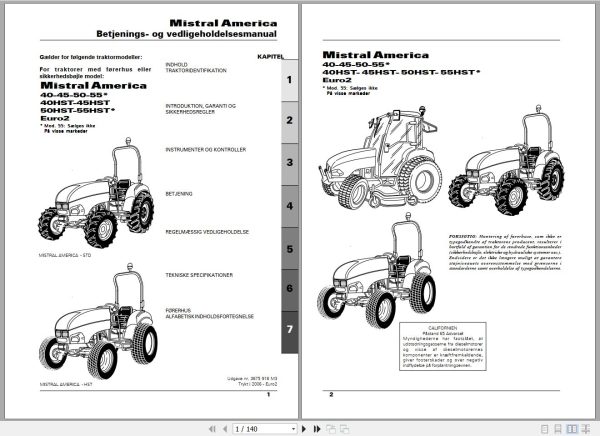 Landini Tractor Mistral America 40 to 55HST Operators Maintenance Manual 3675918M3 DA 1
