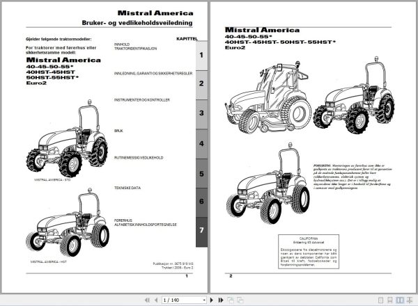 Landini Tractor Mistral America 40 to 55HST Operators Maintenance Manual 3675919M3 NO 1