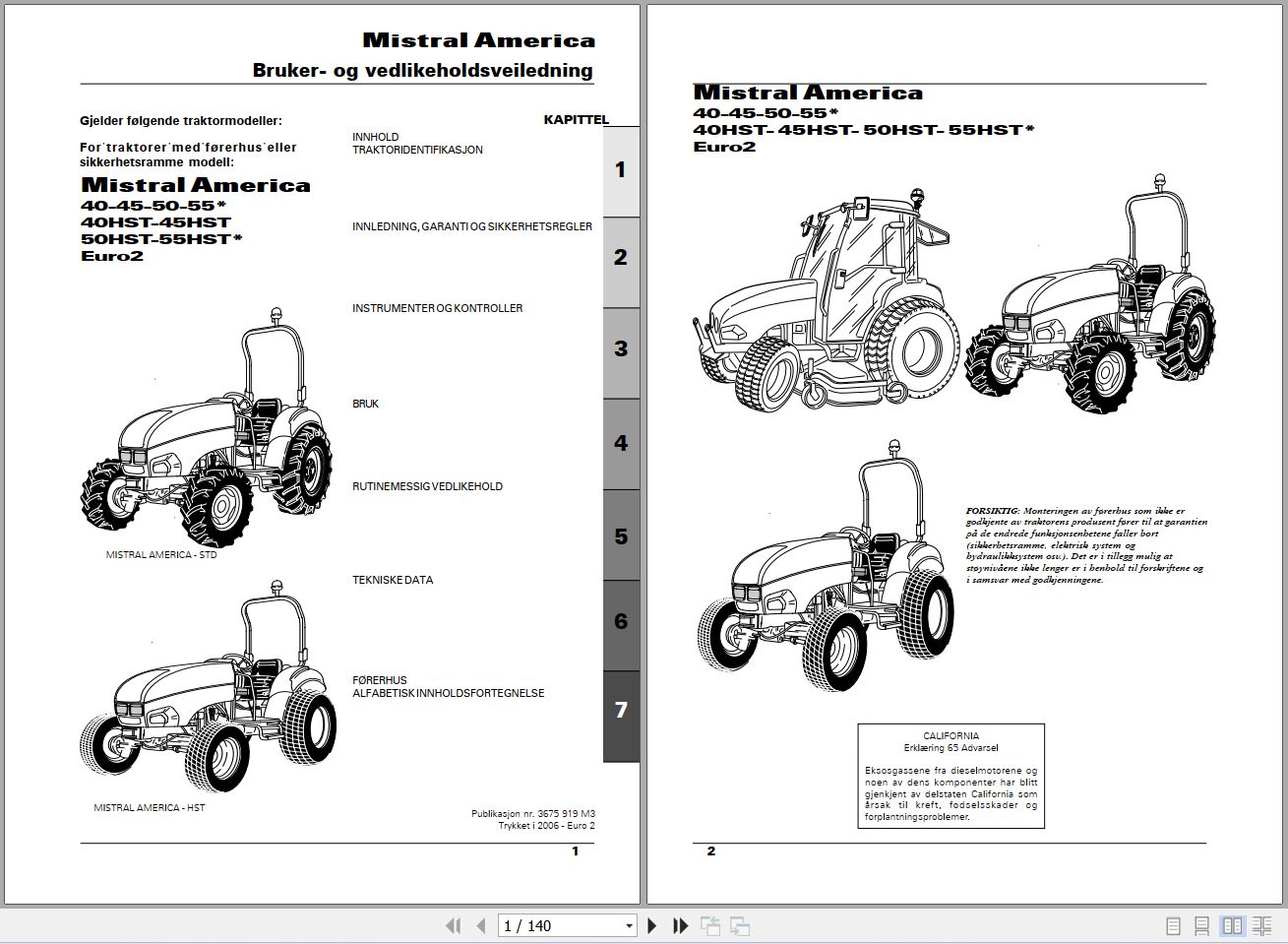 Landini Tractor Mistral America 40 to 55HST Operators Maintenance Manual 3675919M3 NO 1