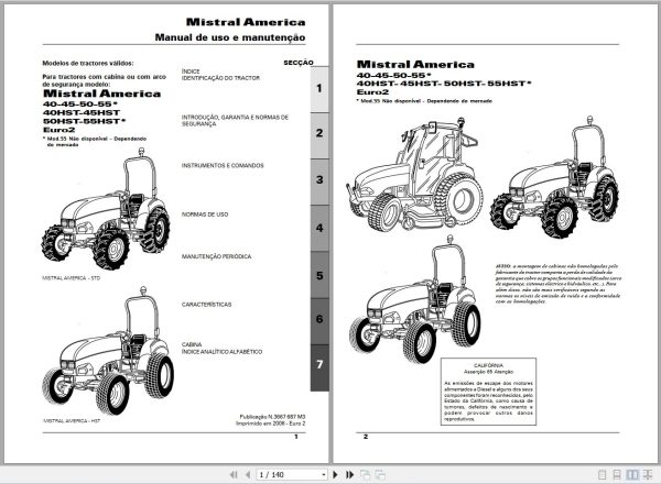 Landini Tractor Mistral America 40STD to 55HST Operators Maintenance Manual 3667687M3 PT 1