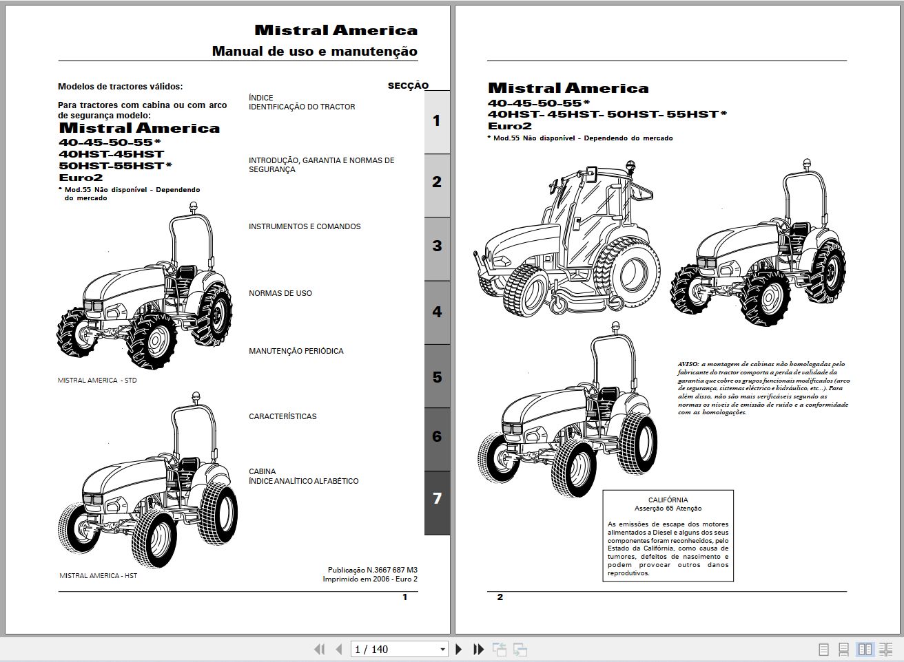 Landini Tractor Mistral America 40STD to 55HST Operators Maintenance Manual 3667687M3 PT 1