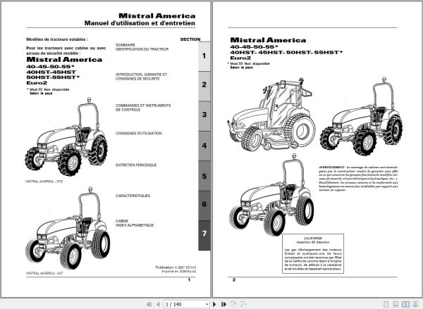 Landini Tractor Mistral America 50 to 55HST Euro2 Operators Maintenance Manual 3667651M3 FR 1