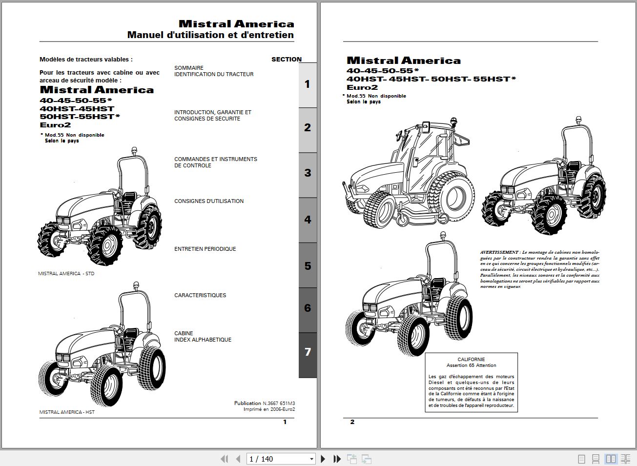 Landini Tractor Mistral America 50 to 55HST Euro2 Operators Maintenance Manual 3667651M3 FR 1