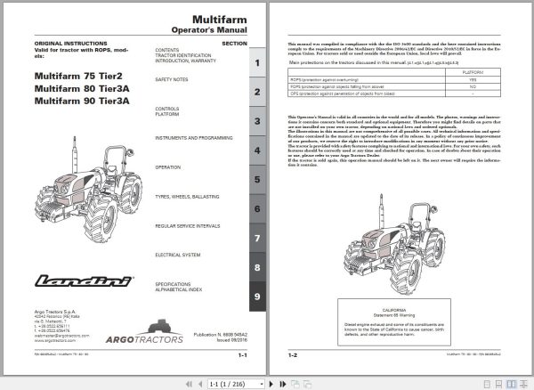 Landini Tractor Multifarm 75 80 90 Operators Maintenance Manual 6608545A2 EN 1