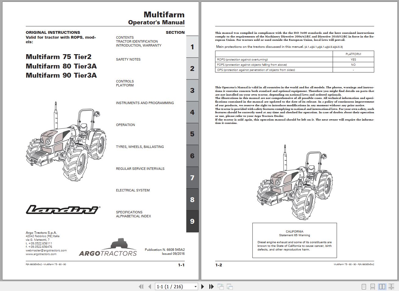 Landini Tractor Multifarm 75 80 90 Operators Maintenance Manual 6608545A2 EN 1