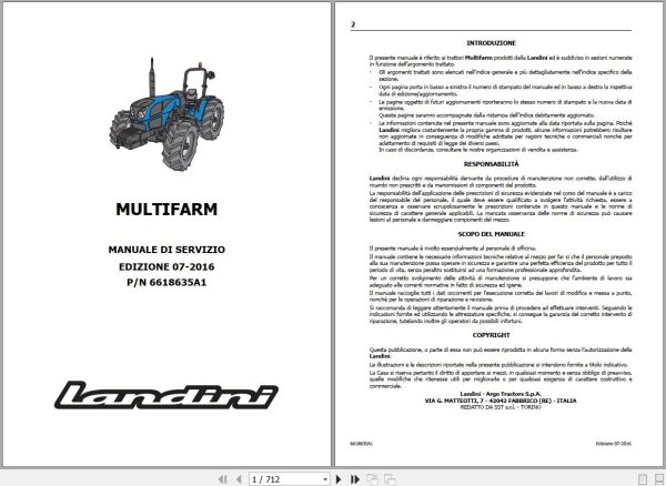 Landini Tractor Multifarm 75 80 90 Service Manual 6618635A1 IT 1
