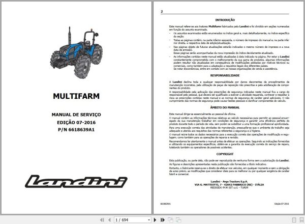 Landini Tractor Multifarm 75 80 90 Service Manual 6618639A1 PT 1