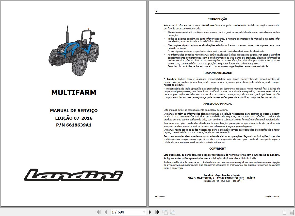 Landini Tractor Multifarm 75 80 90 Service Manual 6618639A1 PT 1
