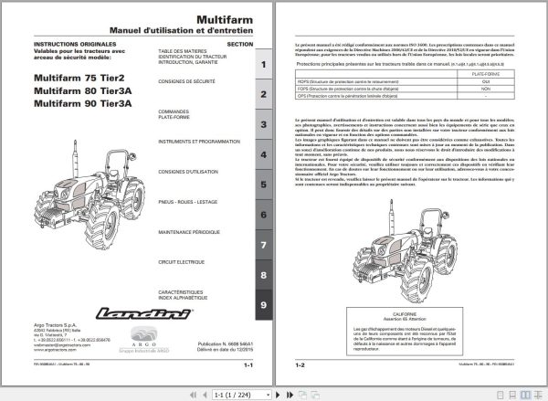 Landini Tractor Multifarm 75 Tier2 to 90 Tier3A Operators Maintenance Manual 6608546A1 FR 1