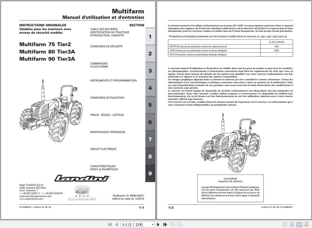 Landini Tractor Multifarm 75 Tier2 to 90 Tier3A Operators Maintenance Manual 6608546A1 FR 1