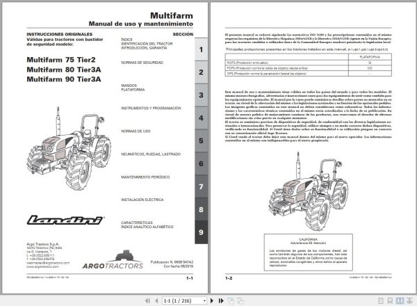 Landini Tractor Multifarm 75 Tier2 to 90 Tier3A Operators Maintenance Manual 6608547A2 ES 1
