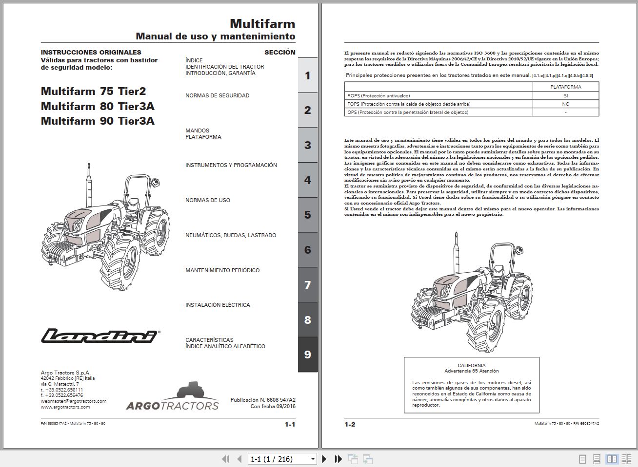 Landini Tractor Multifarm 75 Tier2 to 90 Tier3A Operators Maintenance Manual 6608547A2 ES 1
