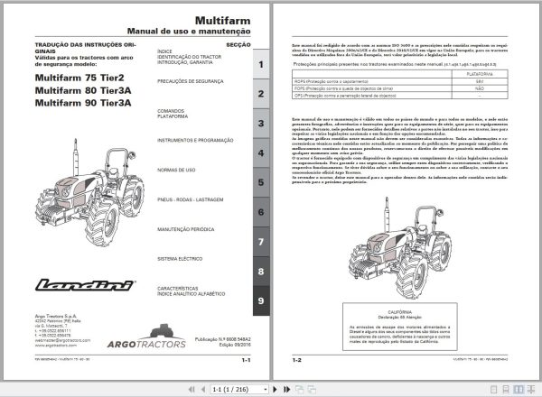 Landini Tractor Multifarm 75 Tier2 to 90 Tier3A Operators Maintenance Manual 6608548A2 PT 1