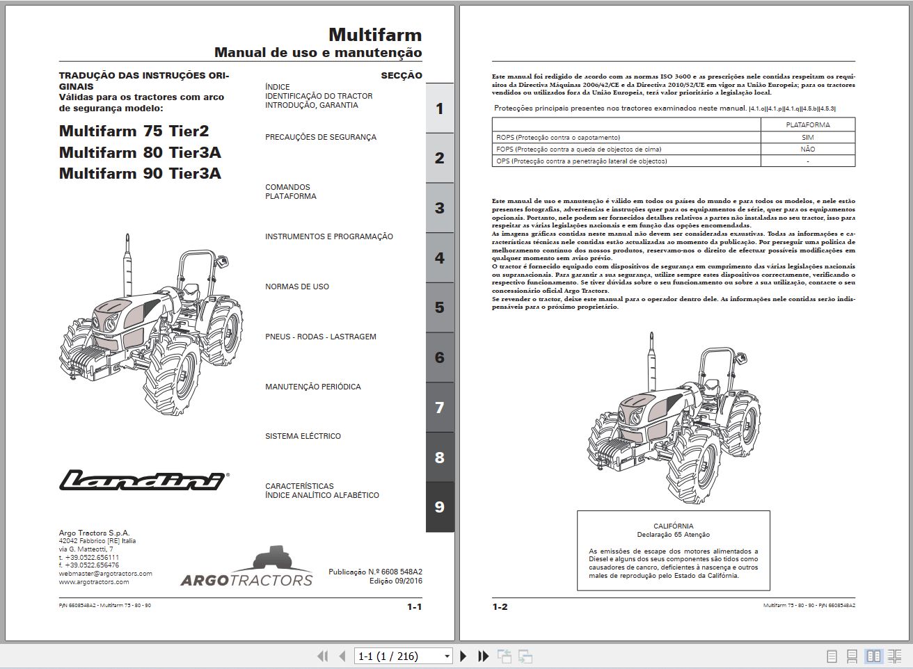 Landini Tractor Multifarm 75 Tier2 to 90 Tier3A Operators Maintenance Manual 6608548A2 PT 1