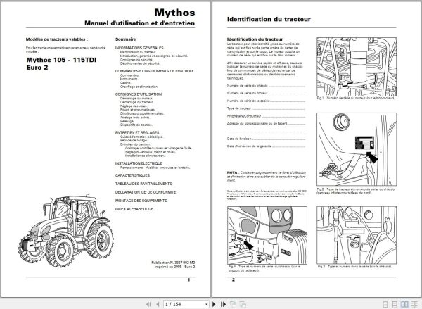 Landini Tractor Mythos 105TDI 115TDI Euro2 Operators Maintenance Manual 3667502M2 FR 1