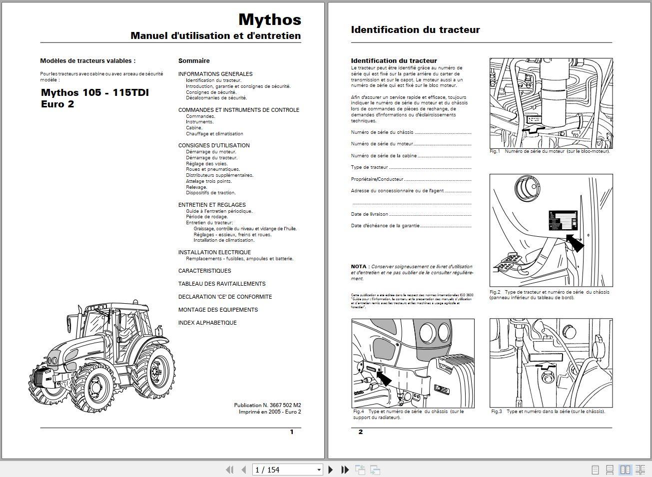Landini Tractor Mythos 105TDI 115TDI Euro2 Operators Maintenance Manual 3667502M2 FR 1