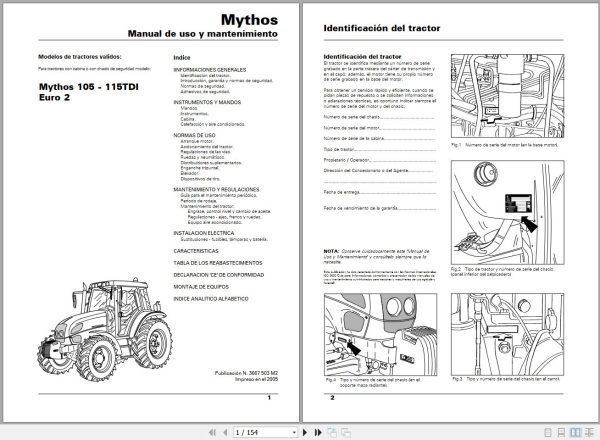 Landini Tractor Mythos 105TDI 115TDI Operators Maintenance Manual 3667503M2 ES 1