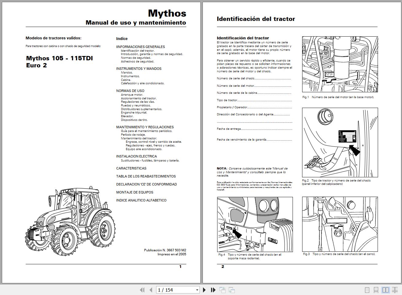 Landini Tractor Mythos 105TDI 115TDI Operators Maintenance Manual 3667503M2 ES 1