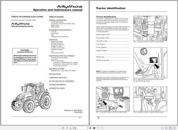 Landini Tractor Mythos 90 100 110 Operators Maintenance Manual 3651983M1 EN 1