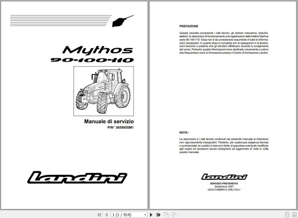 Landini Tractor Mythos 90 100 110 Service Manual 3659955M1 IT 1
