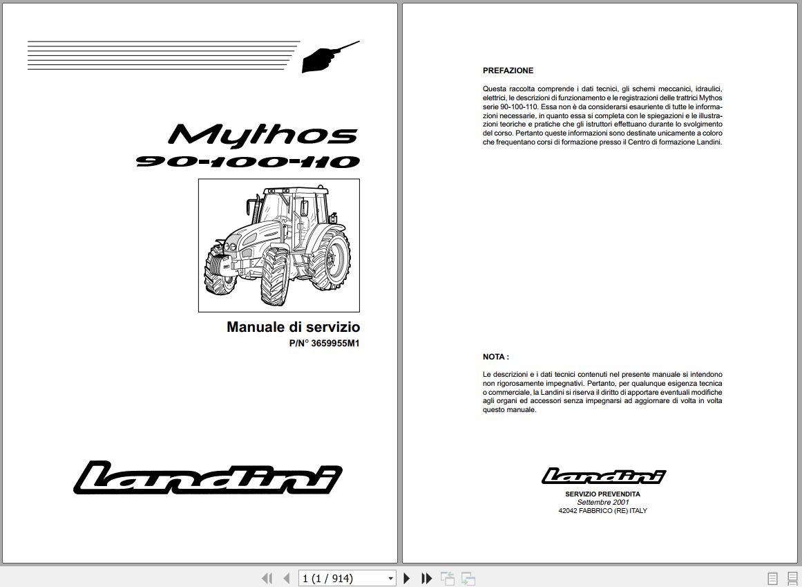 Landini Tractor Mythos 90 100 110 Service Manual 3659955M1 IT 1