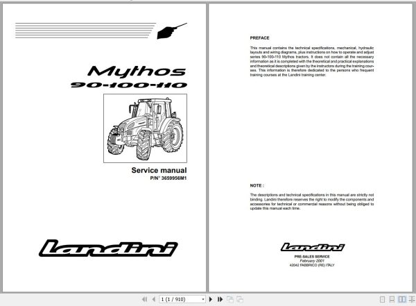 Landini Tractor Mythos 90 100 110 Service Manual 3659956M1 EN 1
