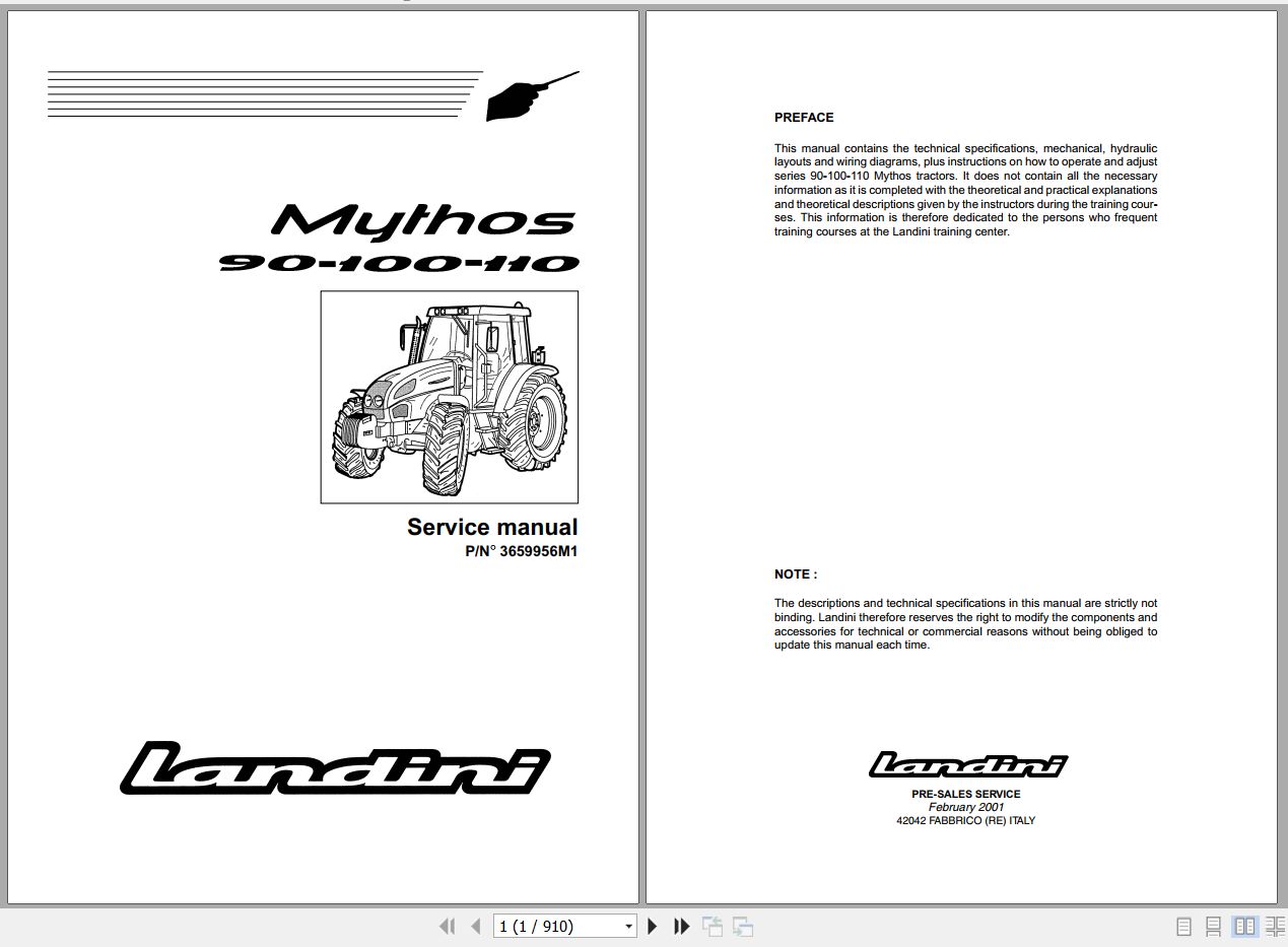 Landini Tractor Mythos 90 100 110 Service Manual 3659956M1 EN 1