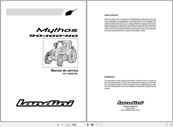 Landini Tractor Mythos 90 100 110 Service Manual 3659957M1 FR 1