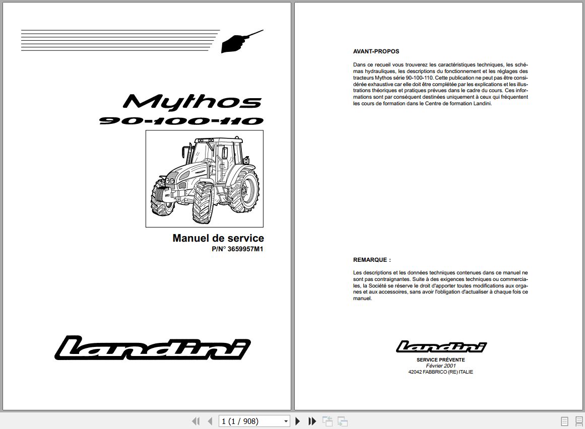 Landini Tractor Mythos 90 100 110 Service Manual 3659957M1 FR 1