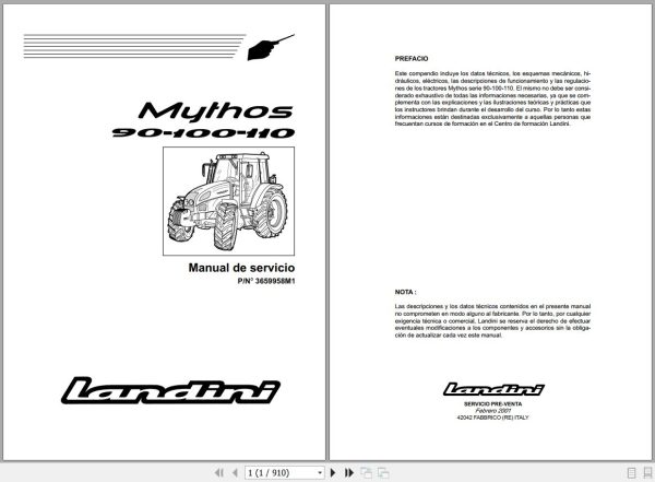 Landini Tractor Mythos 90 100 110 Service Manual 3659958M1 ES 1