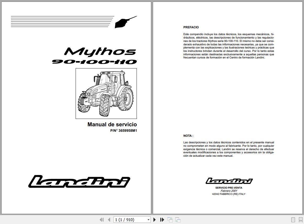 Landini Tractor Mythos 90 100 110 Service Manual 3659958M1 ES 1