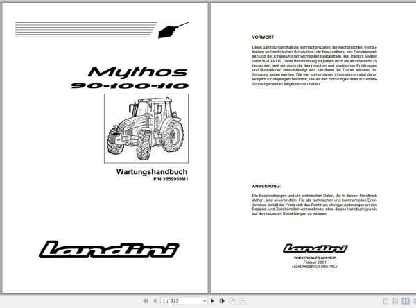 Landini Tractor Mythos 90 100 110 Service Manual 3659959M1 DE 1