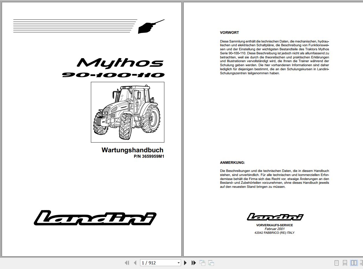 Landini Tractor Mythos 90 100 110 Service Manual 3659959M1 DE 1