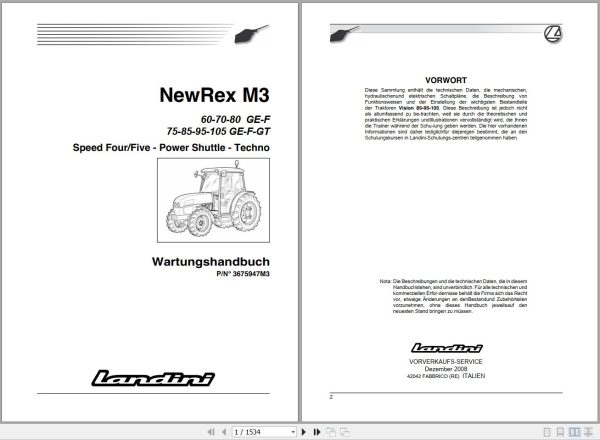 Landini Tractor NewRex 60GE to 105GT M3 Service Manual 3675947M3 DE 1
