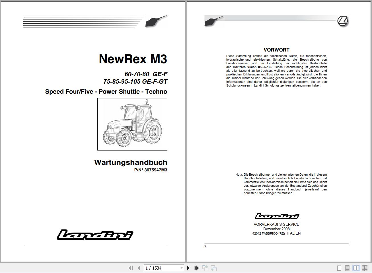 Landini Tractor NewRex 60GE to 105GT M3 Service Manual 3675947M3 DE 1