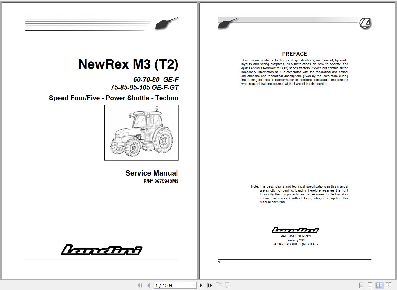 Landini Tractor NewRex 60GE to 105GT M3 Tier 2 Service Manual 3675943M3 EN 1