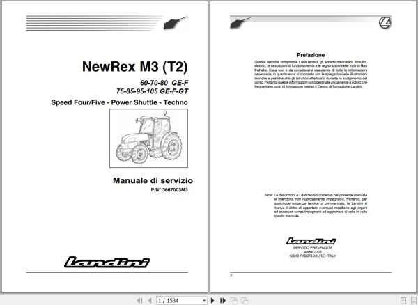 Landini Tractor NewRex 60GE to 105GT M3 Tier2 Service Manual 3667003M3 IT 1