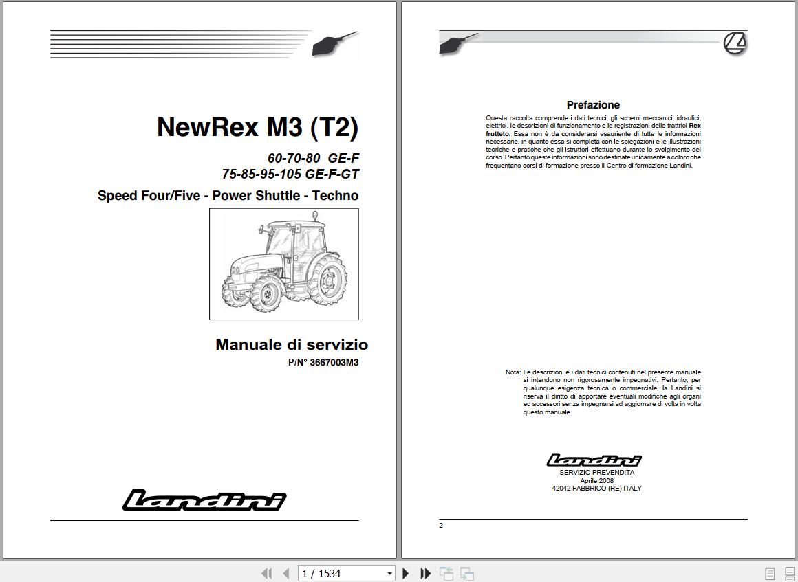 Landini Tractor NewRex 60GE to 105GT M3 Tier2 Service Manual 3667003M3 IT 1