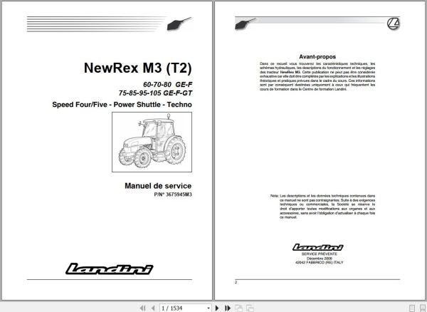 Landini Tractor NewRex 60GE to 105GT M3 Tier2 Service Manual 3675945M3 FR 1