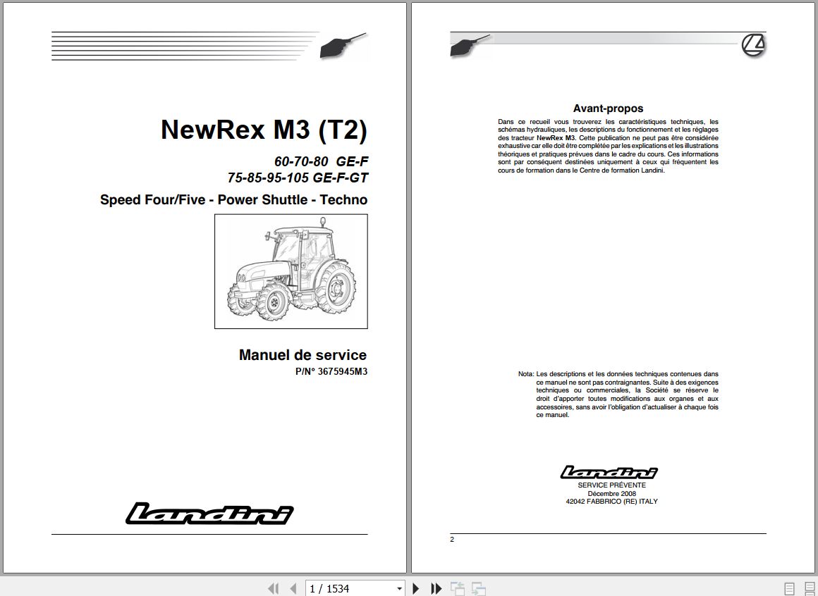 Landini Tractor NewRex 60GE to 105GT M3 Tier2 Service Manual 3675945M3 FR 1