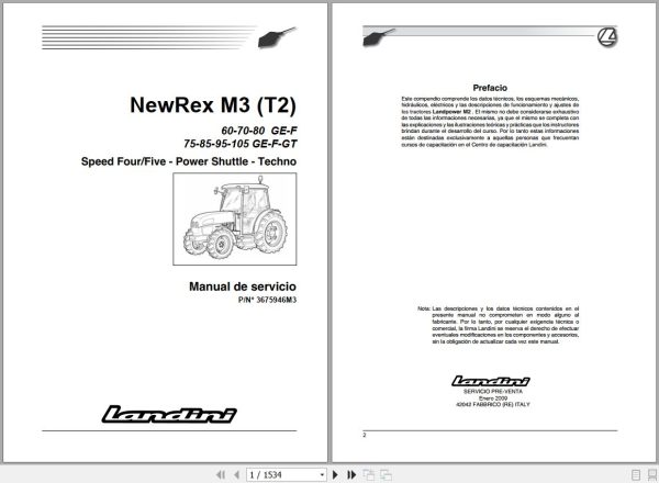 Landini Tractor NewRex 60GE to 105GT M3 Tier2 Service Manual 3675946M3 ES 1