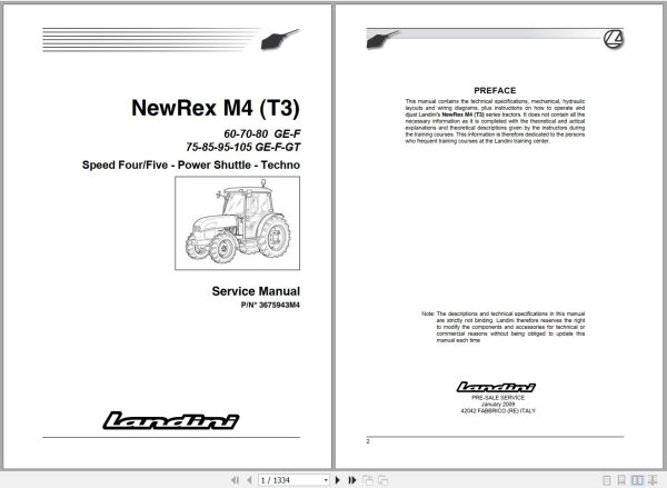 Landini Tractor NewRex 60GE to 105GT M4 Service Manual 3675943M4 EN 1
