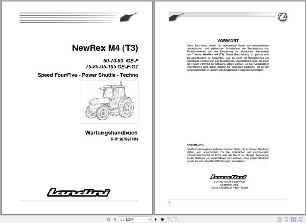 Landini Tractor NewRex 60GE to 105GT M4 T3 Service Manual 3675947M4 DE 1